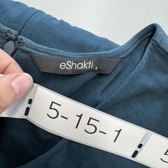 eShakti Dress Womens 4 Blue Long Sleeve Midi Ruched Bodice Flare Cotton Spandex - Picture 3 of 7